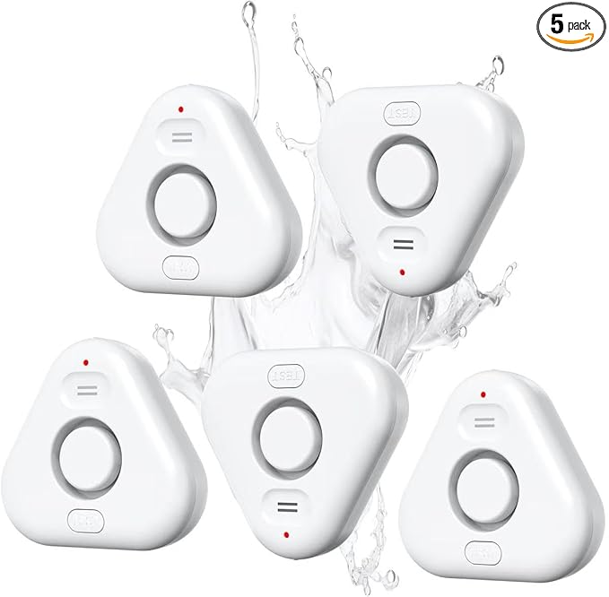 5 Pack Water Leak Detectors for Home, Stechro 4 Levels Adjustable Audio 0-120dB Water Sensor Alarm Leak Detector with Leak and Drip Alert, IP66 Water Leak Sensor for Basements Kitchen Sink Laundry