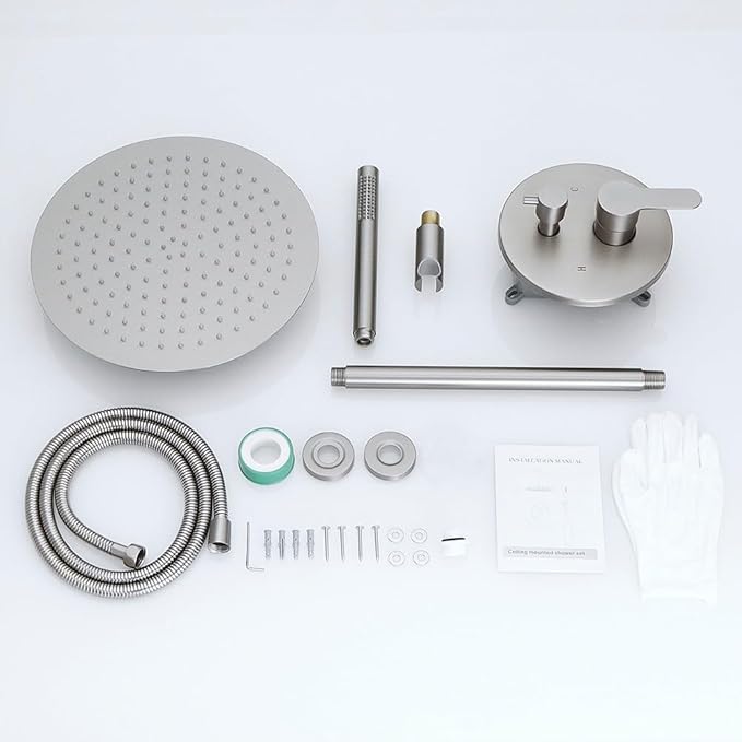 Brushed Nickel Ceiling Mount Round Rain Shower System with 12 Inch Shower Head and Handheld Bathroom Shower Set Contain Shower Faucet Trim Kit (Mixer Valve Included)