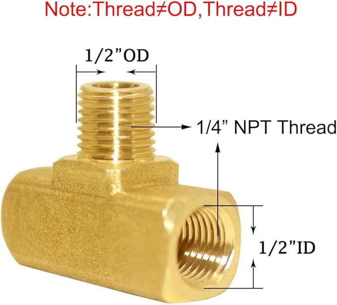 Joywayus Brass Pipe Fitting Barstock Street Tee T 3 way NPT 1/4" Female × 1/4" Male × 1/4" Female Adapter (Pack of 2)