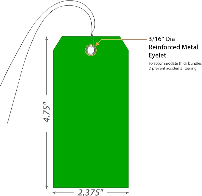 SmartSign Pack of 100 Green Plastic Tags with Wires, 4.75 x 2.375 inch, Metal Eyelet, 10 mil Tear-Proof Polylith Plastic Size-5, Writable