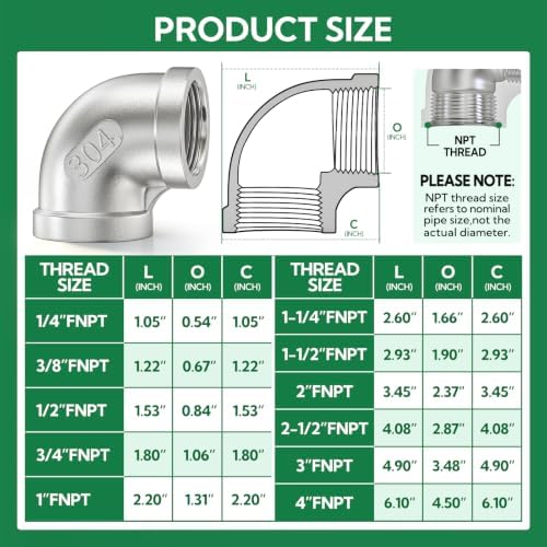 TAISHER 10PCS 304 Stainless Steel 90 Degree Elbow Fittings, 3/8 Inch NPT Female Pipe to 3/8 Inch NPT Female 304 Stainless Pipe Fitting