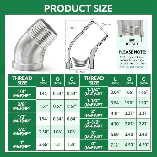 TAISHER 2PCS 304 Stainless Steel 45 Degree elbow,1/4“ NPT Female Pipe to 1/4” NPT Male Pipe Fitting