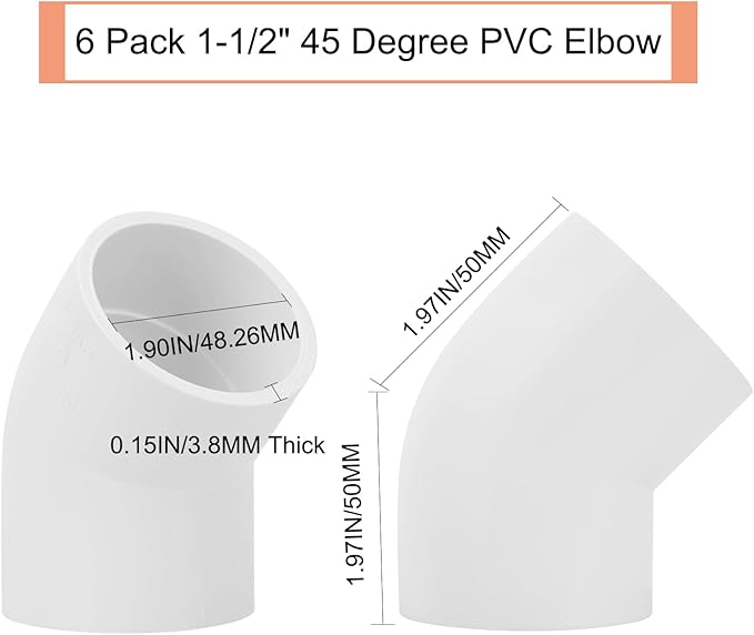 6Pack 1-1/2" 45 Degree PVC Elbow Pipe Fitting Connector (Socket x Socket) Furniture Build Grade SCH40 1.5 Inch 45 Degree Elbow PVC Corner Adapter for Home Sewer Plumbing Water Line