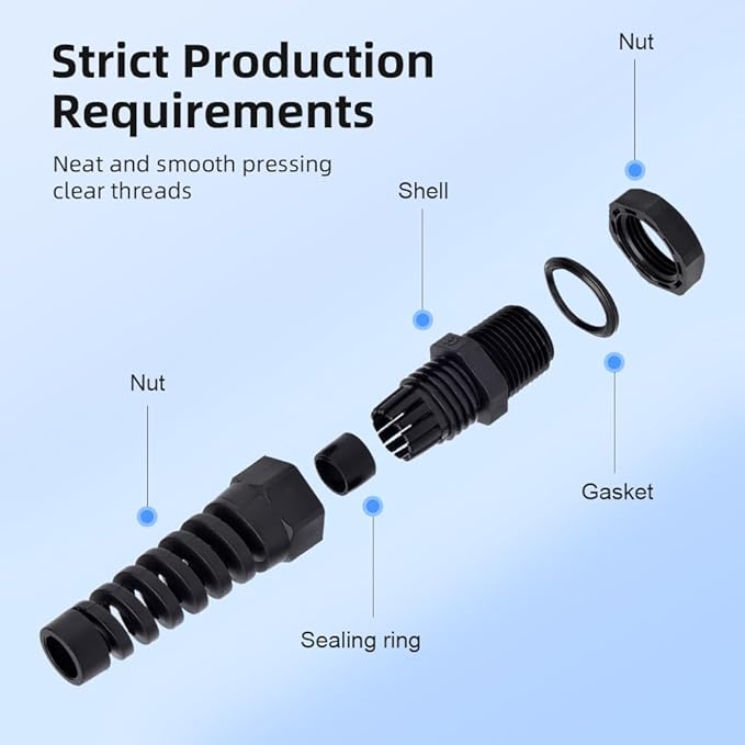 Strain Relief Cord Connector, CGELE 2 Pack NPT 3/8" Waterproof Cable Gland Cord Grip Spiral Adjustable Connector Strain Relief Cord Connectors Joints Nylon with Gaskets