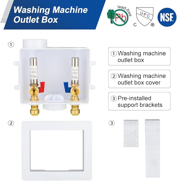 EFIELD Universal Washing Machine (Laundry) Outlet Box with Center Drain, 1/2-inch Push fit Connection With Stainless Steel Water Hammer Arrestor,(WM054)