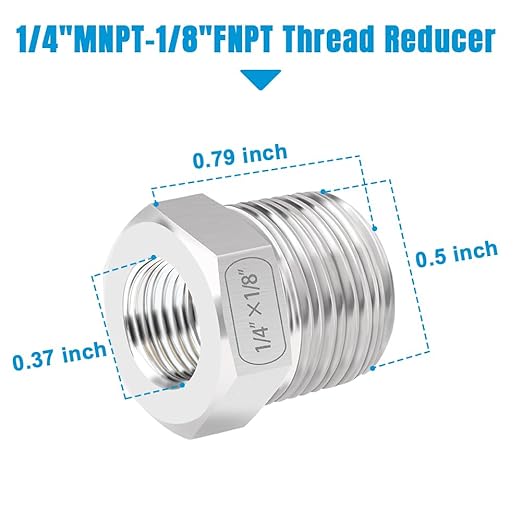 Quickun Stainless Steel Reducing Hex Bushing, 1/4" Male NPT to 1/8" Female NPT, Reducer Bushing Pipe Hose Fitting(Pack of 1)