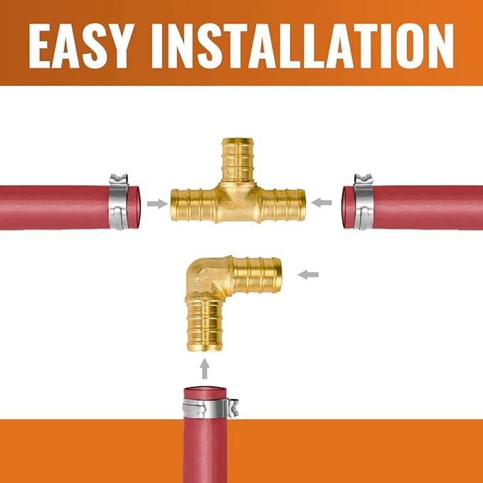 SUNGATOR 1/2 inch Pex Fittings, 50-Pack Brass Crimp Fittings, 90 Degree Elbow (25 PCS) + Tee (25 PCS) Kit, No Lead Pipe Connector