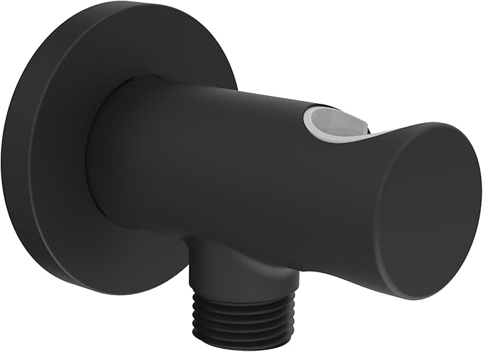 Aquaiaw Wall Supply Elbow with O-Ring Flange, Tapered 1/2 NPT Female Inlet, Solid Brass Wall Union With Handshower Holder, Round Wall Supply Elbow W/Hand Shower Head Bracket, Electroplate Matte Black
