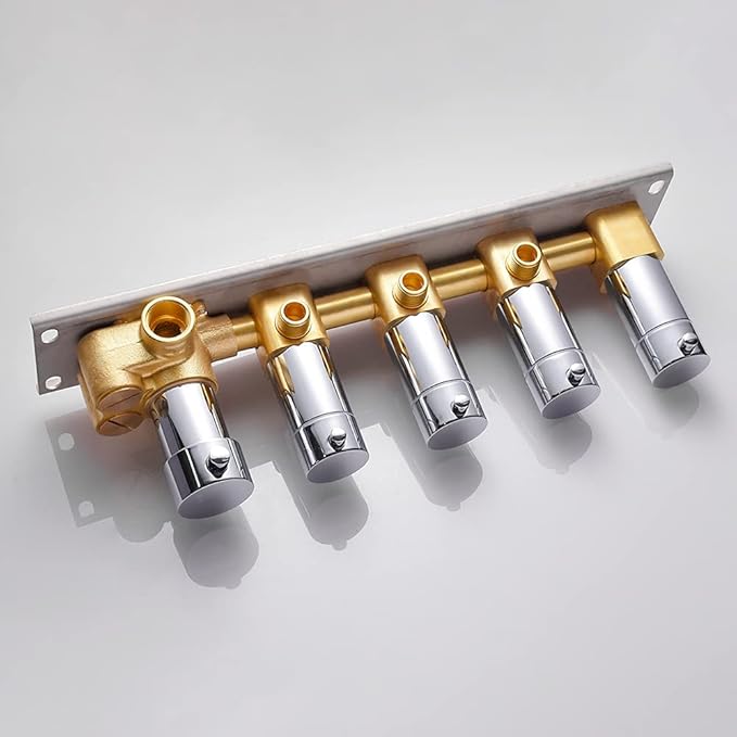 AYIVG Thermostatic 4-Function 4-Outlet Solid Brass Mixer Shower Valve & Trims in Polished Chrome Can Simultaneous Operation, Flows Can Be Controlled, 5 Round Handles