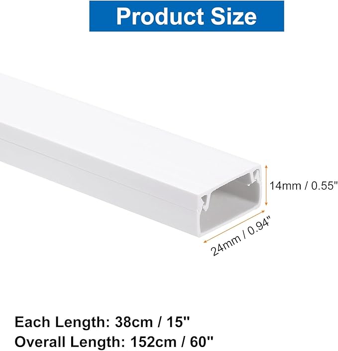 HARFINGTON 4pcs Cord Hider Wall 15inx0.94inx0.55in (LxWxH) PVC Cable Cover Self Adhesive Wire Hider Wall Mounted TV Cable Raceway for Cables Management (60in Total Length),White