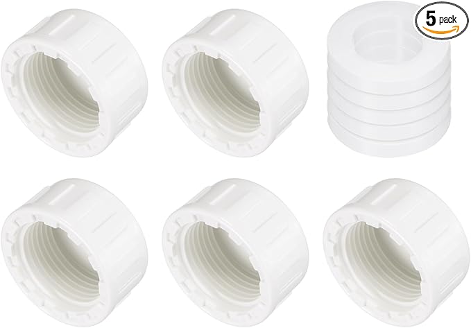 uxcell 5Pcs 3/4 Inch PT Female Thread PVC Pipe Fitting Cap, Cleanout Water Drain End Caps, Pipe Plug Socket Fittings with Gasket for Water Heater Supply Lines, Plumbing, White