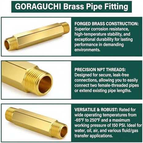 2PCS Brass Pipe Fitting, 3/8" NPT Male Nipple, 6" Length for water/oil/air/fuel
