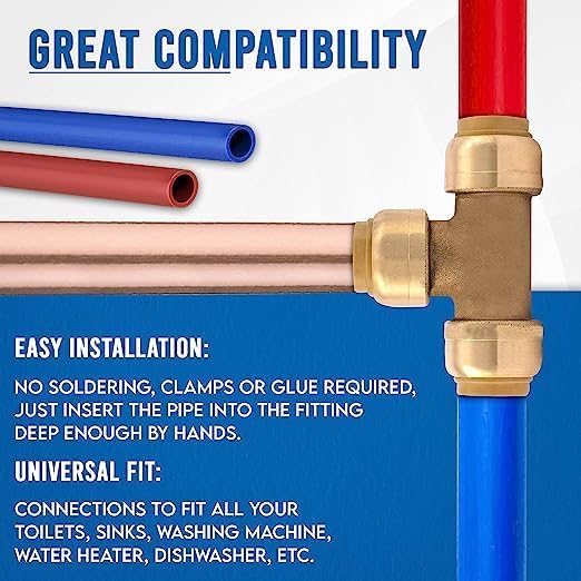 Push Fit Plumbing Tee - Push-to-Connect Plumbing Fittings - Straight/Elbow/Tee Plumbing Fitting with 31/2" Disconnect Clip - Push fit Fittings for Copper Copper, PEX, CPVC Pipe (1/2", 10)