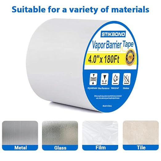 Vapor Barrier Tape 4 Inch x 180' x 4mil 1-Pack Moisture Barriers Seal and Seam Tape, White Polyethylene Tape for Crawl Space,Waterproofing, Underlayment,Metal Building and Plastic Sheeting