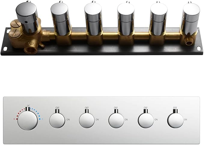 AYIVG 6 Handles 5 Functions Brass 5 Way Shower Diverter Thermostatic Valve Pressure Balanced Mixer with Trim Can Use All Function At a Time Flow Can Be Controlled Chrome