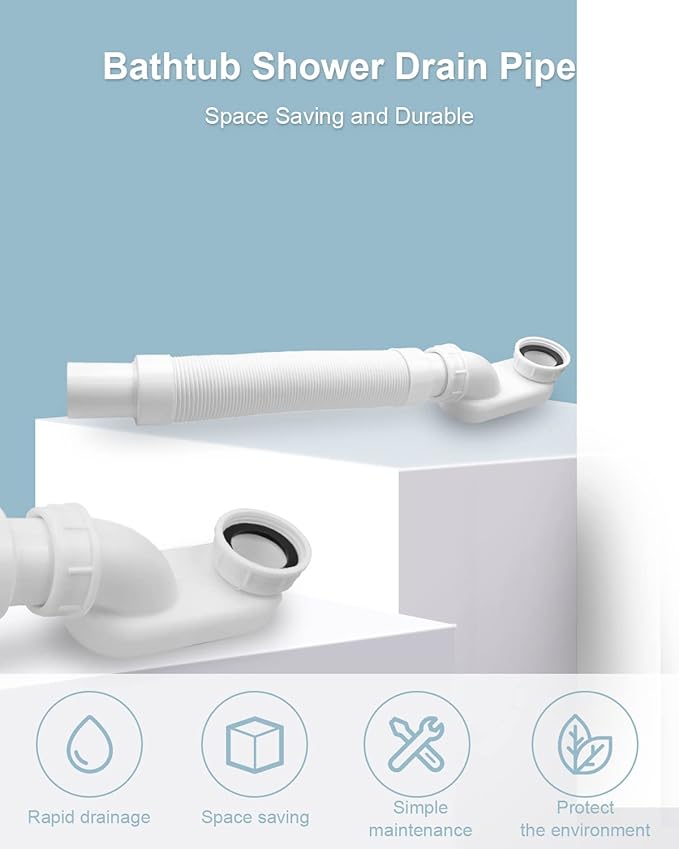 Bathtub Shower Drain Pipe, Low Profile Flat 1 1/2 P Trap Kit, Flexible Freestanding Tub Drain for Bath White