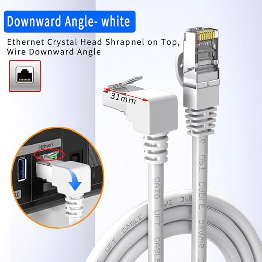 90 Degree CAT6 Ethernet Cable,Down Angle Cat 6 Ethernet Extension Network Cable,Right Angle RJ45 Cat6 gigabit Internet Cable for PC, Router, Modem, Xbox, PS4, PS3,White,30FT