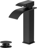 Rywuanku Matte Black Bathroom Faucet Waterfall Spout, Single Handle Sink Faucet with Pop-up Drain & Deck Plate, Modern 1 Hole Vanity Faucet for Vessel Sink