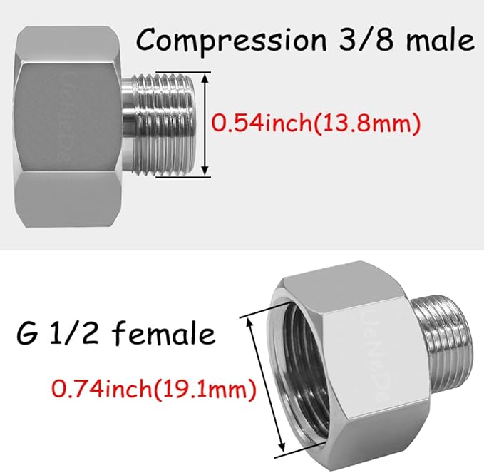 3PCS Water Line Adapter, 1/2" Female to 3/8" Male Reducer Connector, Brass Nickel Plating Compression Fitting for Kitchen Bathroom Faucet Supply Line Hose Stop Valve with Rubber Washer