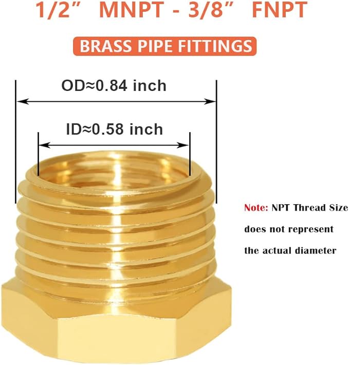 Hooshing 6PCS Brass Reducer Hex Bushing 1/2" NPT Male to 3/8" NPT Female Thread Pipe Fitting Atapter