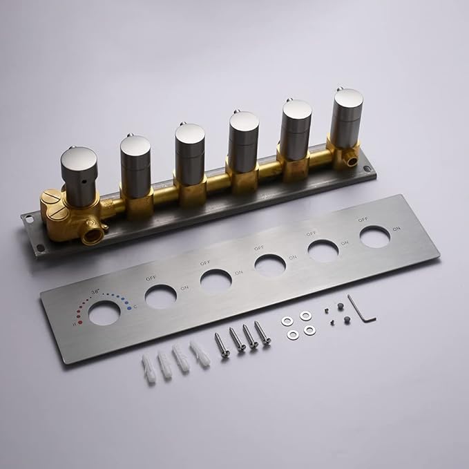 AYIVG 5 Functions Shower 6 Handles Valve Trim Kit Brass Shower Diverter Thermostatic Valve Pressure Balanced Mixer in Brushed Nickel Can Use All Function At a Time Flow Can Be Controlled