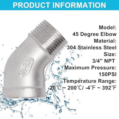 2PCS 45 Degree Elbow Fittings, 3/4" NPT Male Pipe to 3/4" NPT Female 304 Stainless Steel Pipe Fitting, Connector Coupler Apply to Outdoor/Garden/Industrial
