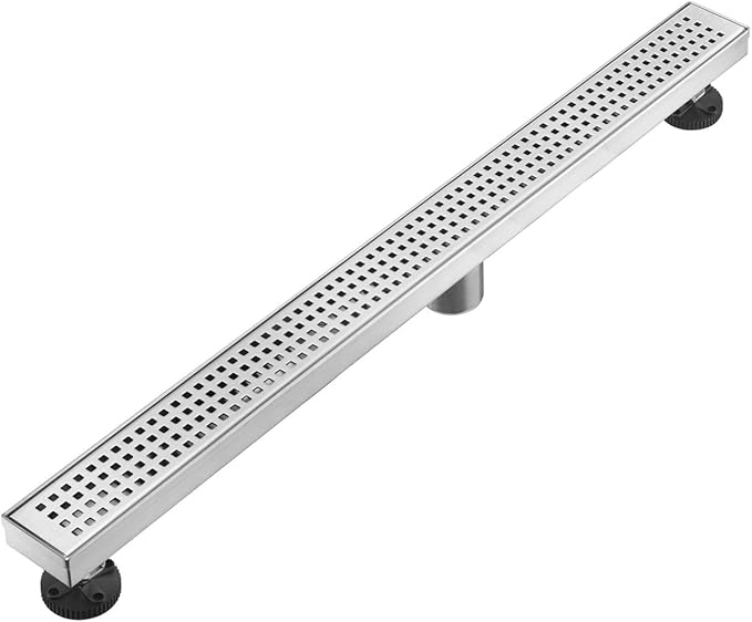 Linear Shower Floor Drain, Brushed Nickel 42 Inch 304 Stainless Steel Bathroom Drains Kit, Long Rectangular Shower Trench Drain with Square Pattern Drain Cover & Hair Catcher