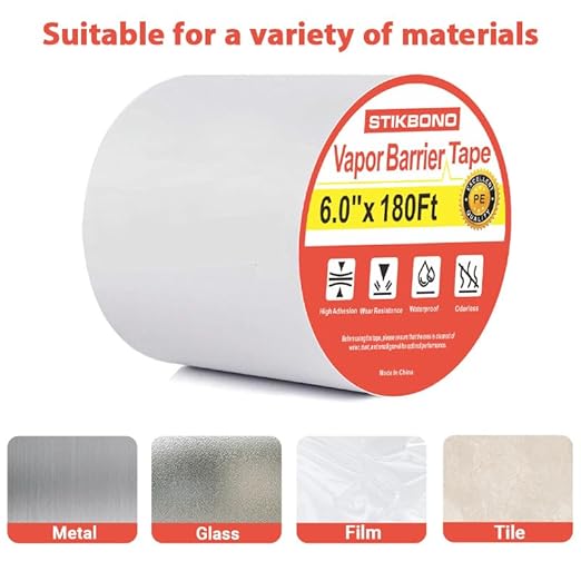 Vapor Barrier Tape 6 Inch x 180' x 4mil 1-Pack Moisture Barriers Seal and Seam Tape, White Polyethylene Tape for Crawl Space,Waterproofing, Underlayment,Metal Building and Plastic Sheeting