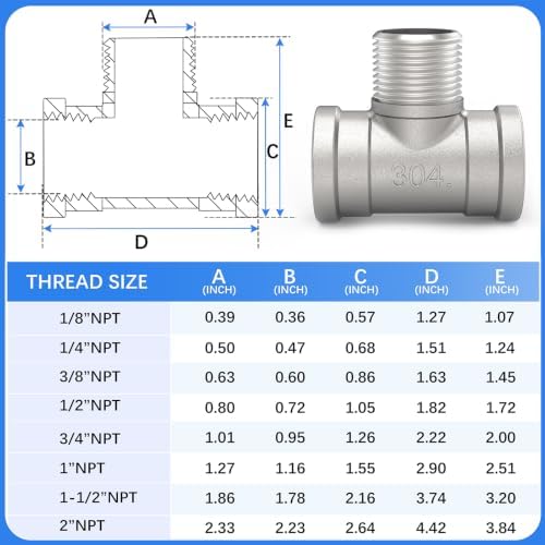 ChillWaves 304 Stainless Steel Pipe Fitting, Male Branch Tee 1/8" NPT Female x 1/8" NPT Male x 1/8" NPT Female Thread Adapter(4-PACK)