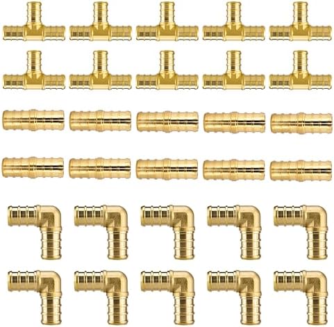 30 Pack 1/2" Pex Fittings Set, 10 Pcs Each Elbow,Tee and Coupling,Heavy-Duty Brass Crimp Fittings for PEX Pipes with Leak-Resistant Construction