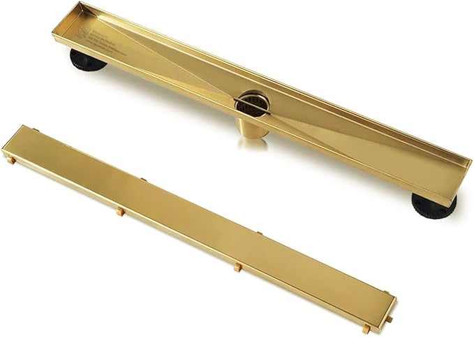 Neodrain 60-Inch Gold Linear Shower Drain, 2-in-1 Flat & Tile Insert Cover, Stainless Steel Linear Drain, Brushed Brass Rectangle Shower Floor Drain with Hair Strainer, Watermark&CUPC Certified
