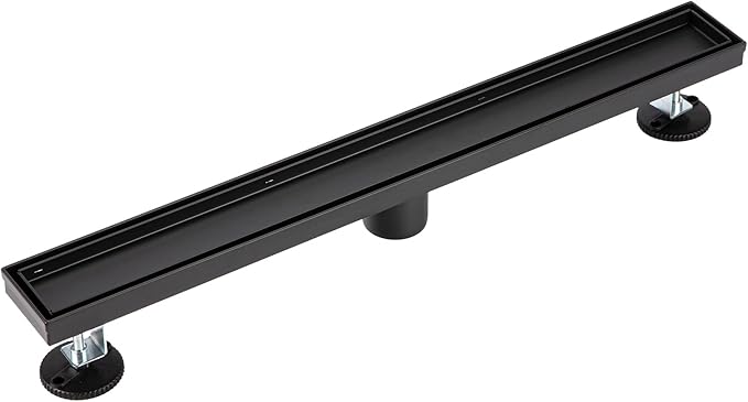 24 inch Linear Shower Drain with Removable Square Hole Panel by Using 304 Stainless Steel Process, Linear Drain Equipped with Adjustable Feet and Hair Strainer（Matte Black Color）