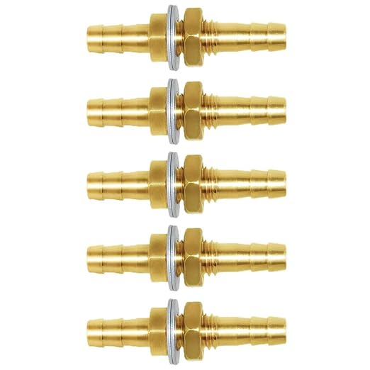 Joywayus 3/16" Hose Barb Thru-Bulk Head Hex Union Brass Fitting with Flat Washer Gasket Water/Fuel/Air (Pack of 5)