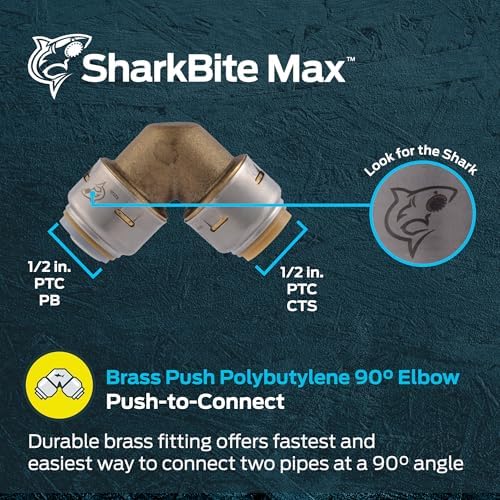 SharkBite Max 1/2 Inch x 1/2 Inch Polybutylene Transition 90 Degree Elbow, Push to Connect Brass Plumbing Fitting, PEX Pipe, Copper, CPVC, PE-RT, HDPE, UR4248A