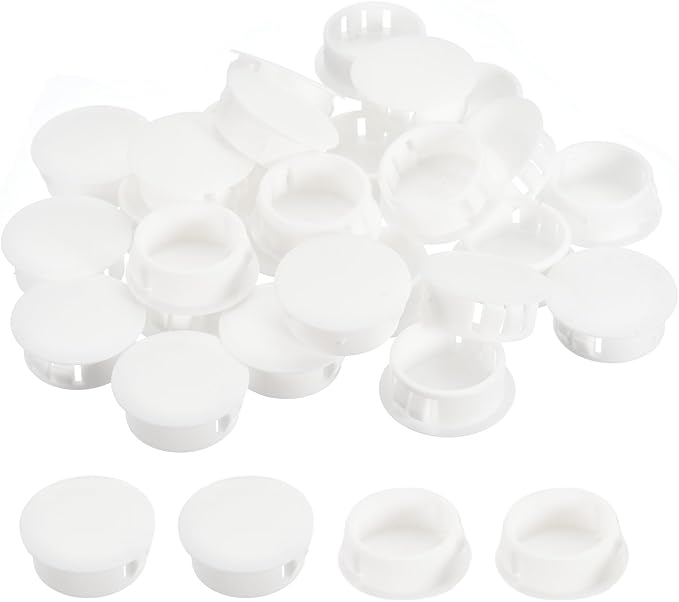 uxcell 31/32" Plastic Hole Plugs, 36Pcs Flush Type Panel Round Snap in Fastener Knockout Locking Plugs for Furniture Insert End Caps Panels, White