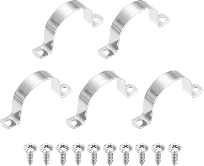 uxcell 5Pcs 57mm(2-1/4") Two Hole Rigid Pipe Strap, 304 Stainless Steel Conduit Clamp Thicken U Bracket Heavy Duty Pipe Clamp with Self-Tapping Screws for Fixing Tube Cable, Silver