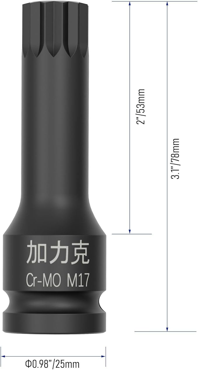 1/2-Inch Drive x M16(16mm) Impact XZN Triple Square Spline Bit Socket, Security Tamper Proof Metric Lengthen Screwdriver Socket Adapter, 3-Inch Length, One-Piece Construction, CR-MO, Black