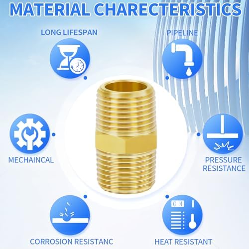 ChillWaves Brass Pipe Fitting，Hex Nipple 3/8" NPT Male x 3/8" NPT Male Thread Adapter(6-PACK)