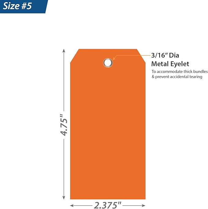 SmartSign 100-Pack Orange Plastic Tags with Pre-Punched Hole, 4.75" x 2.375", Size#5, 10 mil Tearproof Plastic Tags with Metal Eyelet, Writable Blank Tags for Shipping, Labeling, USA-Made