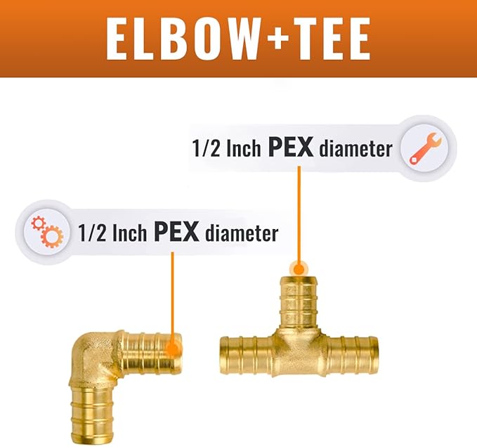 SUNGATOR 1/2 inch Pex Fittings, 50-Pack Brass Crimp Fittings, 90 Degree Elbow (25 PCS) + Tee (25 PCS) Kit, No Lead Pipe Connector