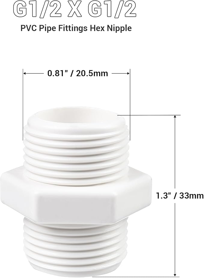 10 Pcs 1/2 Inch PVC Pipe Fittings Hex Nipple G1/2 X G1/2 Male Thread Coupling Adapter Connector