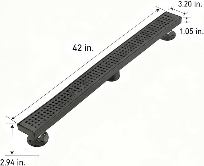 Linear Shower Floor Drain, Matte Black 42 Inch 304 Stainless Steel Bathroom Drains Kit, Long Rectangular Shower Trench Drain with Square Pattern Drain Cover & Hair Catcher