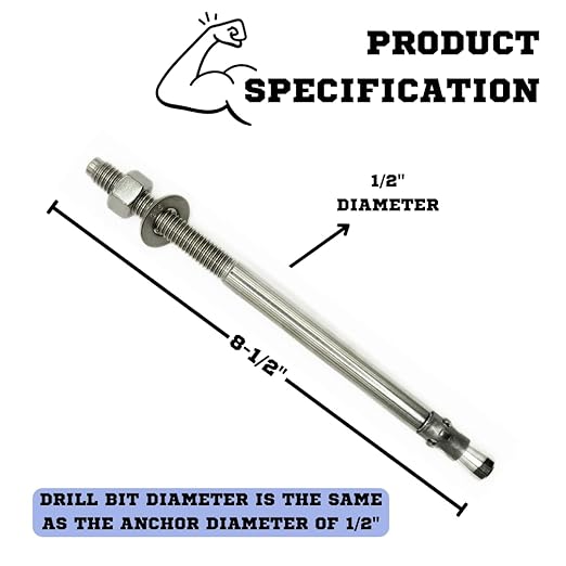 Premium 316 Stainless Steel Wedge Anchor, 1/2"-13 X 8-1/2" – Heavy Duty Corrosion Resistant Fastener for Concrete and Masonry Applications 10 Pack