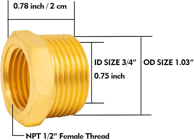 3/4" Male NPT to 1/2" Female NPT Solid Brass Reducer Hex Bushing,(2 Pack), Reducing Cast Pipe Adapter Fitting, Brass Pipe Hose Tube Fitting Hex Head Bushing Adapter Convert