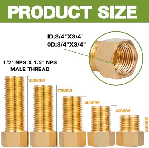 Brass Pipe Fitting, 1/2-Inch Female to 1/2-Inch Male Pipe Nipple Extension Connector, Hex Bushing Adapter Set (Length 30/40/50/70/100MM)