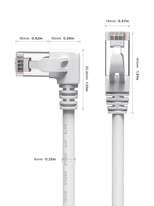 90 Degree Cat6 Ethernet Cable White Right Angle Cat 6 Ethernet Patch Cable 10FT LEFTward RJ45 Network Internet Cable-Left Angle, 10FT