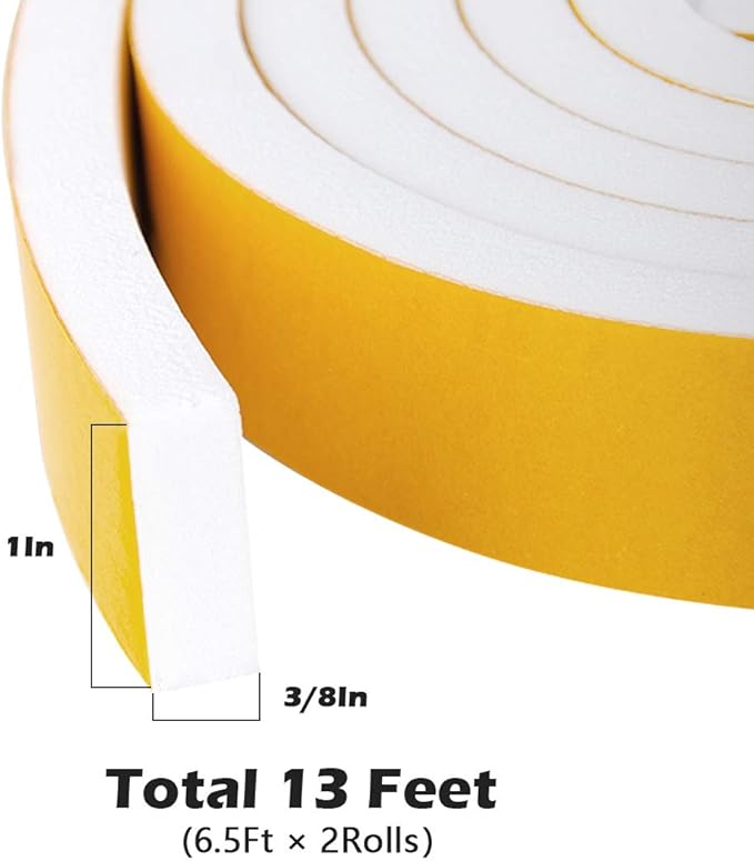 White Weather Stripping Self Adhesive Foam Tape High Density Foam Sealing Strip Window Insulation Weatherproof Gasket Tape for Doors and Windows, 1" Wide X 3/8" Thick, 6.5 Ft X 2 Rolls, Total 13 Feet