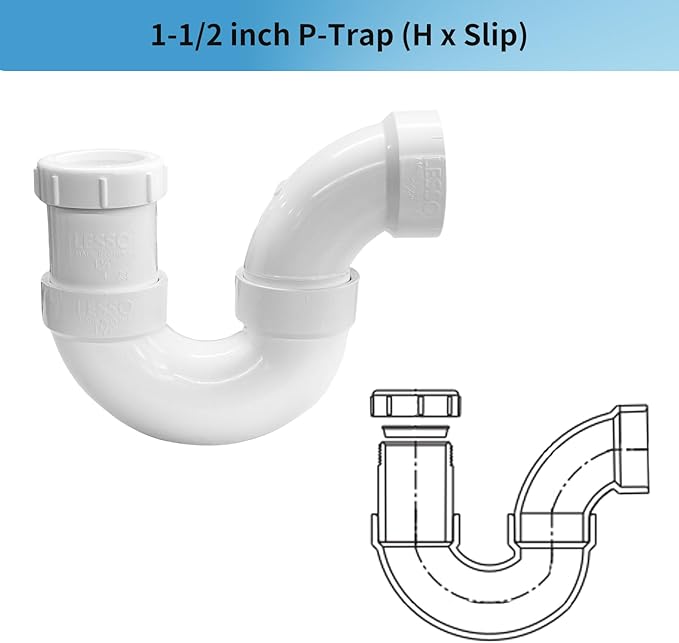 LESSO PVC Pipe, Adjustable P Trap 1 1/2 Inch, PVC Fitting for RV Drain Bathroom Kitchen Sink Drain Pipe Tubular Kit with White Threaded Adapter Ring