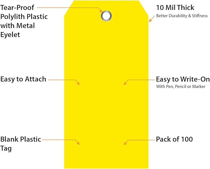 SmartSign 100-Pack Yellow Plastic Tags with Pre-Punched Hole, 4.75" x 2.375", Size#5, 10 mil Tearproof Plastic Tags with Metal Eyelet, Writable Blank Tags for Shipping, Labeling, USA-Made