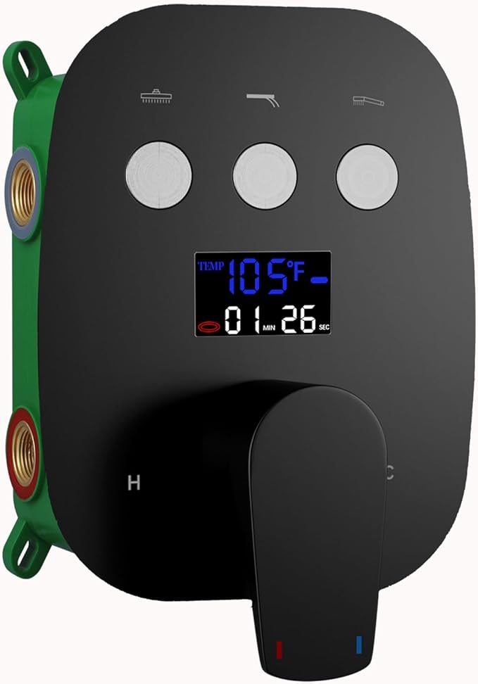 3 Way Matte Black 3 Function Shower Diverter Valve Temperature Control Display Push Botton Shower Diverter Pressure Balancing Modern Valve Trim Rough-In Mixing Shower Valve Kit
